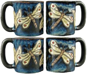 set of four (4) mara stoneware collection – 16 oz coffee/tea cup collectible mugs – dragonfly design