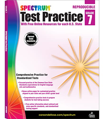 Spectrum Test Practice 7th Grade Workbooks All Subjects, Math, Language Arts, and Reading Comprehension Grade 7 Reproducible Book, Vocabulary, Writing, and Math Practice for Standardized Tests