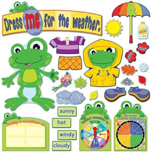 carson dellosa funky frog weather bulletin board set—seasons and daily weather charts bulletin boards decorations with seasonal accents, homeschool or classroom decor (82 pc)