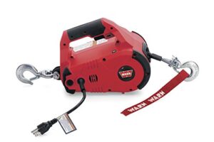 warn 885000 pullzall corded 120v ac portable electric winch with steel cable: 1/2 ton (1,000 lb) pulling capacity , red