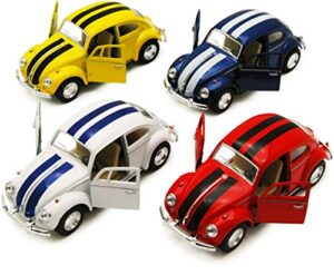 set of 4 cars: 5″ classic 1967 volkswagen beetle with racing stripes 1:32 scale (blue/red/white/yellow)