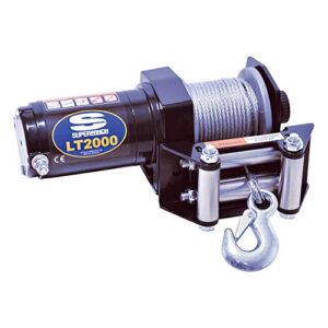 superwinch 1120210 lt2000 12v dc electric winch 2,000lb/907kg single line pull with roller fairlead, 5/16in. x 50ft. steel wire rope, corded handheld remote, handlebar rocker switch
