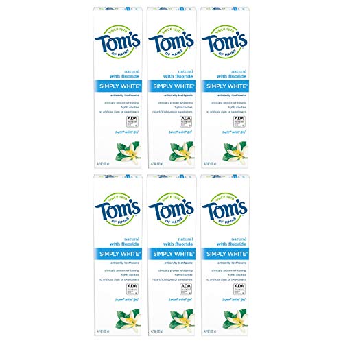 Tom's of Maine Simply White Toothpaste Gel, Whitening Toothpaste, Natural Toothpaste, Sweet Mint Gel, 4.7 Ounce, 6-Pack