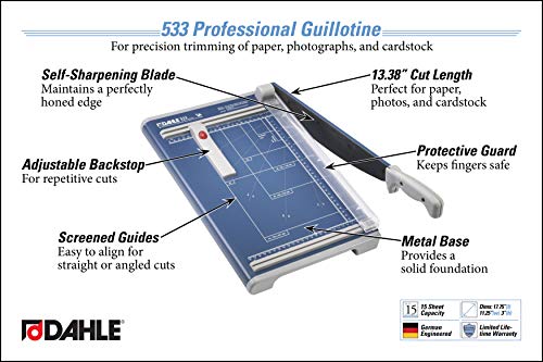 Dahle - 00533-21261 533 Professional Guillotine Trimmer, 13-3/8" Cut Length, 15 Sheet Capacity, Self-Sharpening, Manual Clamp, German Engineered Cutter