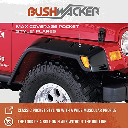 Bushwacker Max Coverage Pocket/Rivet Style Rear Fender Flares | 2-Piece Set, Black, Textured Finish | 10044-02 | Fits 2007-2018 Jeep Wrangler JK Unlimited