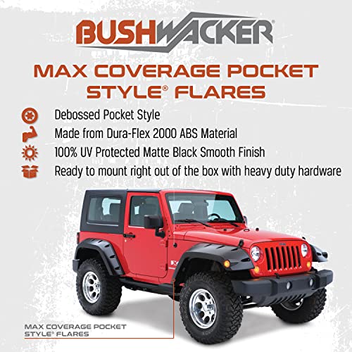 Bushwacker Max Coverage Pocket/Rivet Style Rear Fender Flares | 2-Piece Set, Black, Textured Finish | 10044-02 | Fits 2007-2018 Jeep Wrangler JK Unlimited