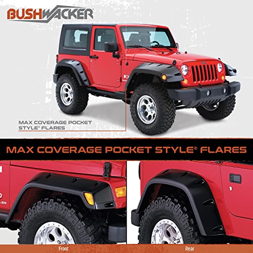 Bushwacker Max Coverage Pocket/Rivet Style Rear Fender Flares | 2-Piece Set, Black, Textured Finish | 10044-02 | Fits 2007-2018 Jeep Wrangler JK Unlimited