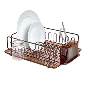 idesign forma lupe stainless steel metal sink dish drainer plastic tray kitchen drying rack for glasses, silverware, bowls, plates, 13.3″ x 17.5″ x 5.2″, bronze