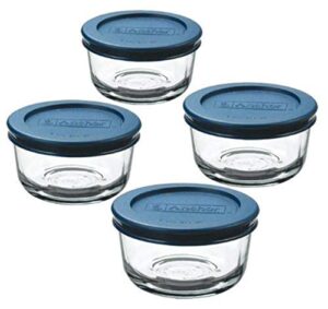 anchor hocking 1-cup round, glass food storage containers with plastic lids, blue, set of 4