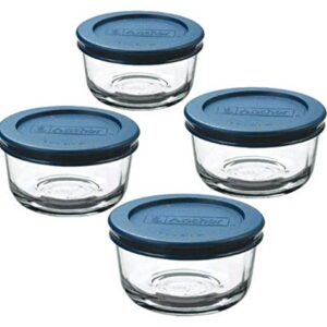 Anchor Hocking 1-Cup Round, Glass Food Storage Containers with Plastic Lids, Blue, Set of 4