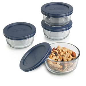 Anchor Hocking 1-Cup Round, Glass Food Storage Containers with Plastic Lids, Blue, Set of 4