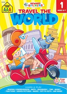 school zone – travel the world 1st grade learning workbook – 240 pages, ages 6 to 7, stickers, beginning and ending letters, geography, culture, and more (easy-tear top bound pad) (learning tablets)