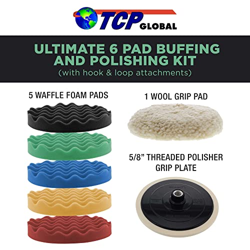 TCP Global Ultimate 6 Pad Buffing and Polishing Kit with 6-8" Pads; 5 Waffle Foam & 1 Wool Grip Pads and a 5/8" Threaded Polisher Grip Backing Plate