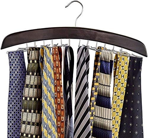 Richards Homewares Wooden Tie Rack Hanging Organizer for Mens Closet Accessories, Space Saving Necktie Holder for Storage and Display, Holds 24 Ties, Walnut Wood with Chrome Accents, Model:75531