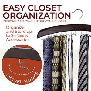 Richards Homewares Wooden Tie Rack Hanging Organizer for Mens Closet Accessories, Space Saving Necktie Holder for Storage and Display, Holds 24 Ties, Walnut Wood with Chrome Accents, Model:75531