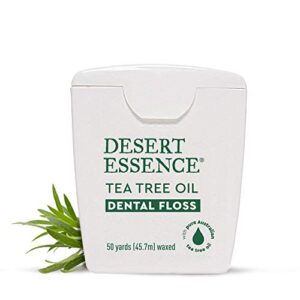 desert essence tea tree oil dental floss – 50 yards – naturally waxed w/beeswax – thick flossing no shred tape – on the go – removes food debris buildup – cruelty-free antiseptic