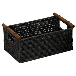 Household Essentials ML-7052 Paper Rope Wicker Storage Baskets with Wood Handles |Set of 3 | Black Stain