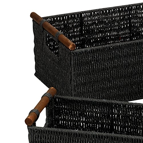 Household Essentials ML-7052 Paper Rope Wicker Storage Baskets with Wood Handles |Set of 3 | Black Stain