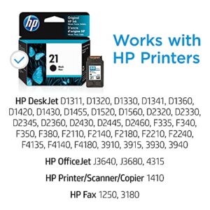 Original HP 21 Black Ink Cartridge | Works with HP DeskJet D1300, D1400, D1500, D2300, D2400, F300, F2100, F2200, F4100, 3900; OfficeJet J3600, 4300; PSC 1410; Fax 1250, 3180 Series | C9351AN