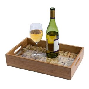 oenophilia greenophile bamboo cork service tray kit with handles, 100% bamboo, glass pane, serving platter for wine, beer, charcuterie, appetizers, and more, do-it-yourself, corks not included