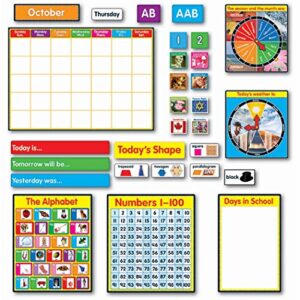 carson dellosa circle time learning center calendar bulletin board set, monthly calendar with numbers, holidays, alphabet, weather, seasons, colors, shapes, hundreds chart, kindergarten up (214 pc)