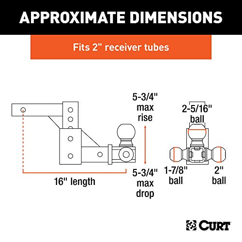 CURT 45799 Adjustable Trailer Hitch Ball Mount, Fits 2-Inch Receiver, 5-3/4-Inch Drop, 1-7/8, 2, 2-5/16-Inch Balls, 10,000 lbs , Black