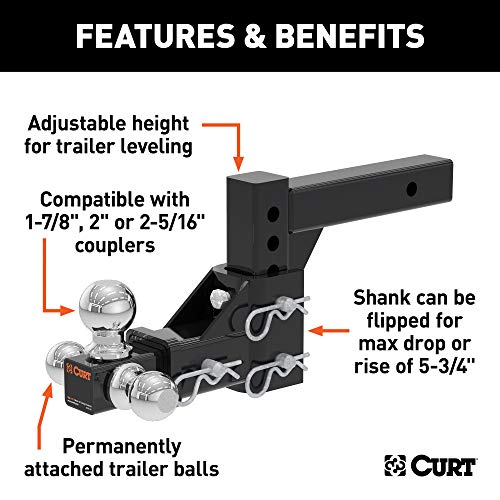 CURT 45799 Adjustable Trailer Hitch Ball Mount, Fits 2-Inch Receiver, 5-3/4-Inch Drop, 1-7/8, 2, 2-5/16-Inch Balls, 10,000 lbs , Black
