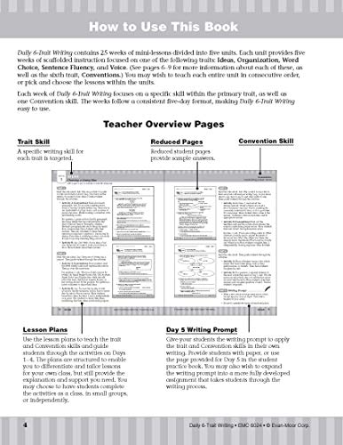 Evan-Moor Daily 6-Trait Writing, Grade 4 Homeschooling & Classroom Resource Workbook, Reproducible Worksheets, Teaching Edition, Lesson Plans, Ideas, Organization, Word Choice, Sentence Fluency, Voice