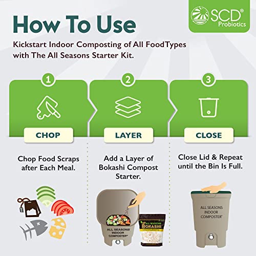 All Seasons Indoor Composter Starter Kit – 5 Gallon Tan Compost Bin For Kitchen Countertop With Lid, Spigot & 1 Gallon (2 lbs.) Bag Of Dry Bokashi Bran – by SCD Probiotics