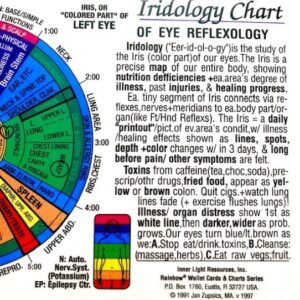 IRIDOLOGY CHART of EYE Reflexology (Rainbow Coded) in the Inner Light Resources Rainbow® Cards & Charts Series. 8.5 x 11 in. (Small Poster/ Large Card)