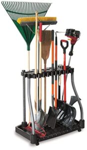 rubbermaid garage tool tower rack, easy to assemble, wheeled, organizes up to 40 long-handled tools/rakes/ brooms/shovles in home/house/outdoor/shed