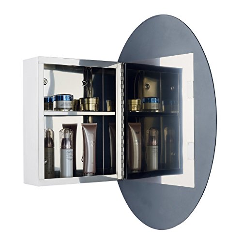 Renovators Supply Manufacturing Oval Wall Mounted Medicine Cabinet Brushed Stainless Steel Bathroom Storage Cabinet with Mirror 26" x 18" Hanging Double Shelf for Medicines or Accessories