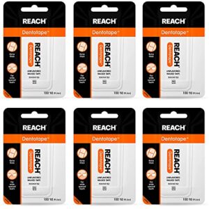 reach dentotape waxed dental floss bundle | effective plaque removal, extra wide cleaning surface | shred resistance & tension, slides smoothly & easily, pfas free | unflavored, 100 yd, 6pk