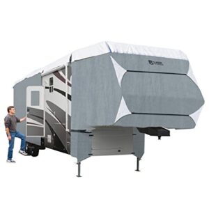 classic accessories over drive polypro3 deluxe 5th wheel cover or toy hauler cover, fits 23′ – 26′ rvs, universal camper cover, grey/snow white