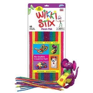 sensory fidget toy, arts and crafts for kids, non-toxic, waxed yarn, 8 inch, reusable molding and sculpting sticks, american made by wikki stix,neon colors, 48 pack