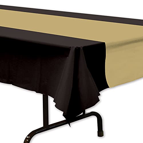 Beistle Plastic Awards Night Black and Gold Cover – New Year’s Eve Table Party Supplies-Birthday/Graduation Disposable Rectangle Tablecloths, 54" x 108"