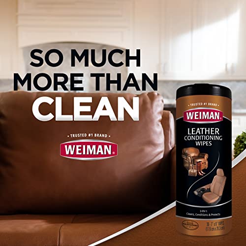 Weiman Leather Cleaner & Conditioner Wipes With UV Protection, Prevent Cracking Or Fading Of Leather Couches, Car Seats, Shoes, Purses - 30 ct