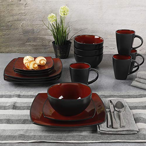 Gibson Soho Lounge 16-Piece Square Reactive Glaze Dinnerware Set, Red