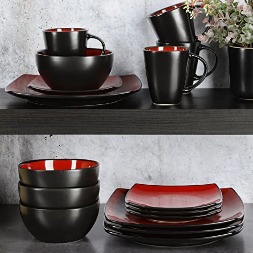 Gibson Soho Lounge 16-Piece Square Reactive Glaze Dinnerware Set, Red