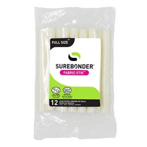 surebonder fs-12 fabric hot glue sticks, strong bonding fabric glue, machine washable, full size 4-inch length – 12 pack, – made in usa , white