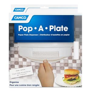 Camco 9-inch Pop-A-Plate Plastic Plate Dispenser | Ideal for Compact Spaces, RVs and Trailers | Mounts Under Cabinets or Shelves | White (57001)