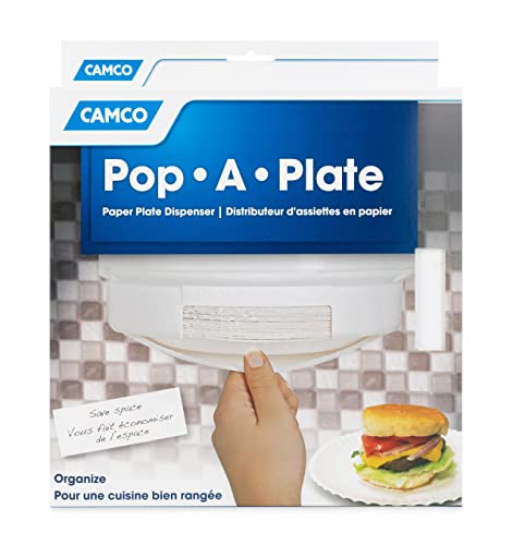 Camco 9-inch Pop-A-Plate Plastic Plate Dispenser | Ideal for Compact Spaces, RVs and Trailers | Mounts Under Cabinets or Shelves | White (57001)