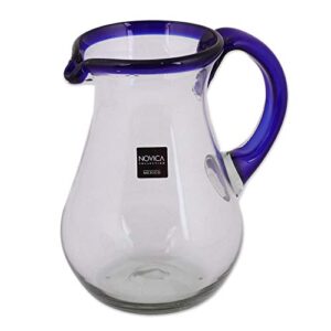 novica artisan crafted blue accent clear glass recycled hand blown pitcher from mexico, 82 oz, blue grace’