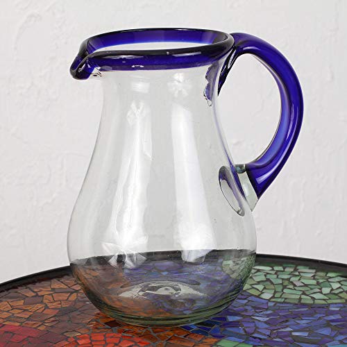 NOVICA Artisan Crafted Blue Accent Clear Glass Recycled Hand Blown Pitcher from Mexico, 82 Oz, Blue Grace'