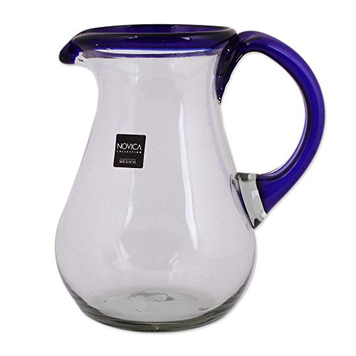 NOVICA Artisan Crafted Blue Accent Clear Glass Recycled Hand Blown Pitcher from Mexico, 82 Oz, Blue Grace'