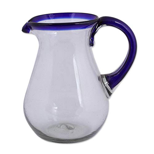 NOVICA Artisan Crafted Blue Accent Clear Glass Recycled Hand Blown Pitcher from Mexico, 82 Oz, Blue Grace'