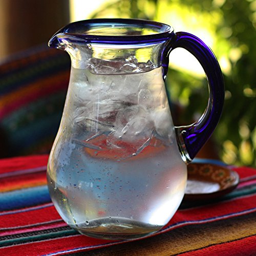 NOVICA Artisan Crafted Blue Accent Clear Glass Recycled Hand Blown Pitcher from Mexico, 82 Oz, Blue Grace'