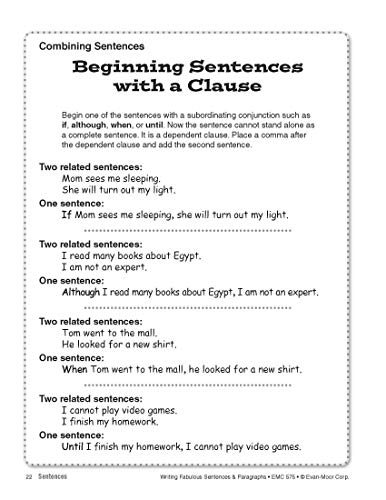 Evan-Moor Writing Fabulous Sentences & Paragraphs, Grades 4-6, Homeschool & Classroom Workbook, Activities, Main Ideas, Topic Sentences, Figurative Language, Descriptive Details, Writing Skills