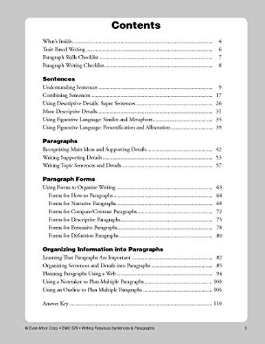 Evan-Moor Writing Fabulous Sentences & Paragraphs, Grades 4-6, Homeschool & Classroom Workbook, Activities, Main Ideas, Topic Sentences, Figurative Language, Descriptive Details, Writing Skills