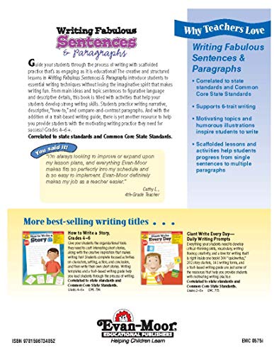 Evan-Moor Writing Fabulous Sentences & Paragraphs, Grades 4-6, Homeschool & Classroom Workbook, Activities, Main Ideas, Topic Sentences, Figurative Language, Descriptive Details, Writing Skills